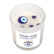 Load image into Gallery viewer, ALL SEEING EVIL EYE WHITE SAGE SODALITE CRYSTAL CHIP PROTECTION CANDLE