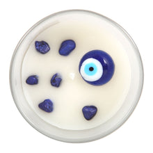 Load image into Gallery viewer, ALL SEEING EVIL EYE WHITE SAGE SODALITE CRYSTAL CHIP PROTECTION CANDLE