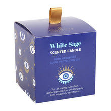 Load image into Gallery viewer, ALL SEEING EVIL EYE WHITE SAGE SODALITE CRYSTAL CHIP PROTECTION CANDLE