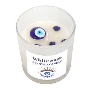 ALL SEEING EVIL EYE WHITE SAGE SODALITE CRYSTAL CHIP PROTECTION CANDLE