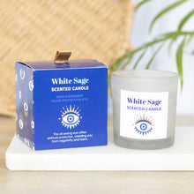 Load image into Gallery viewer, ALL SEEING EVIL EYE WHITE SAGE SODALITE CRYSTAL CHIP PROTECTION CANDLE