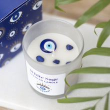 Load image into Gallery viewer, ALL SEEING EVIL EYE WHITE SAGE SODALITE CRYSTAL CHIP PROTECTION CANDLE