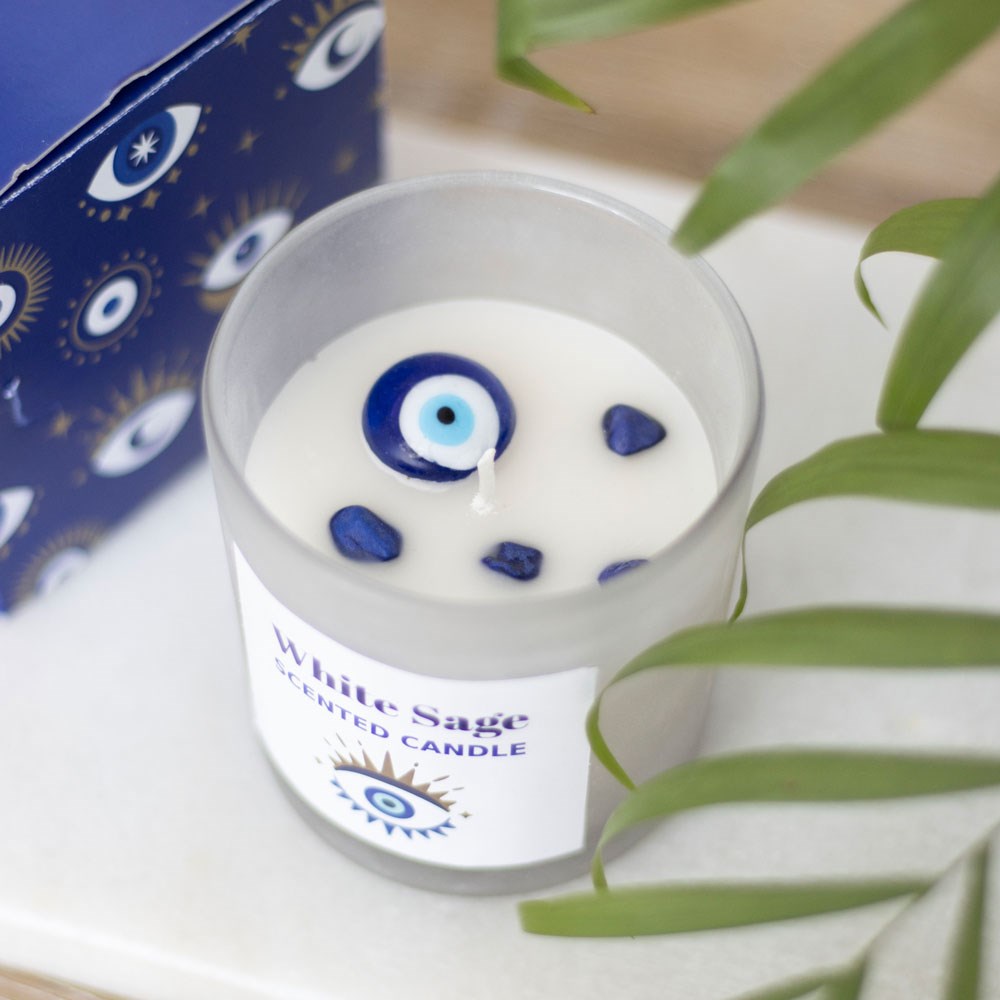 ALL SEEING EVIL EYE WHITE SAGE SODALITE CRYSTAL CHIP PROTECTION CANDLE