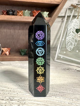 Load image into Gallery viewer, Black Obsidian (Dragon Glass) Chakra Sanskrit Symbol Engraved Obelisk Point