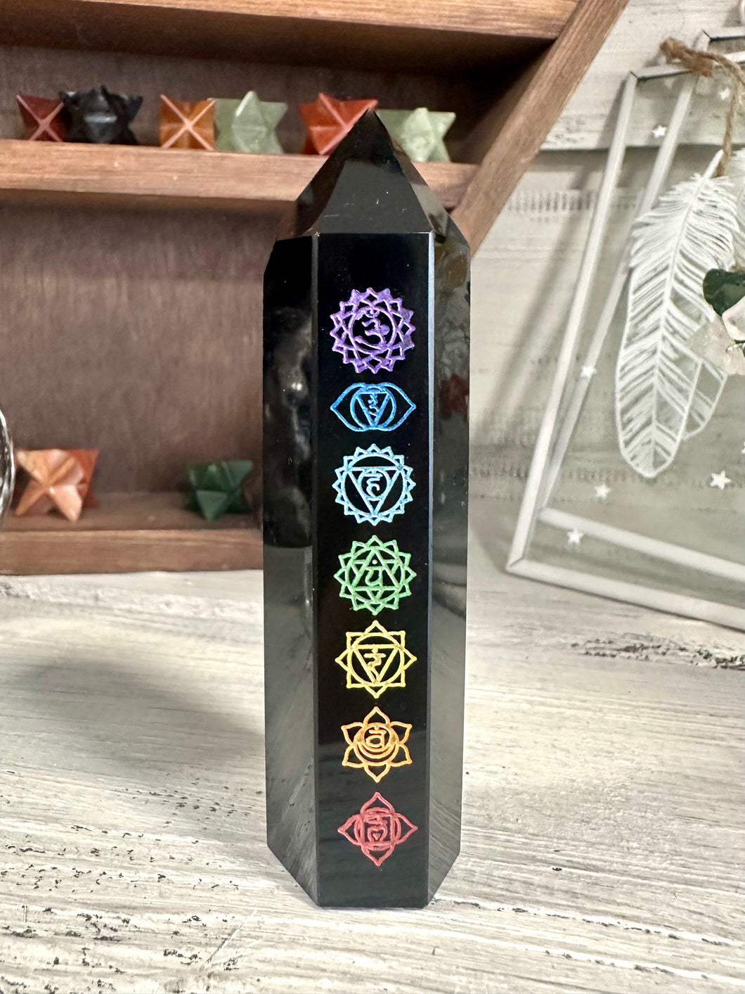 Black Obsidian (Dragon Glass) Chakra Sanskrit Symbol Engraved Obelisk Point