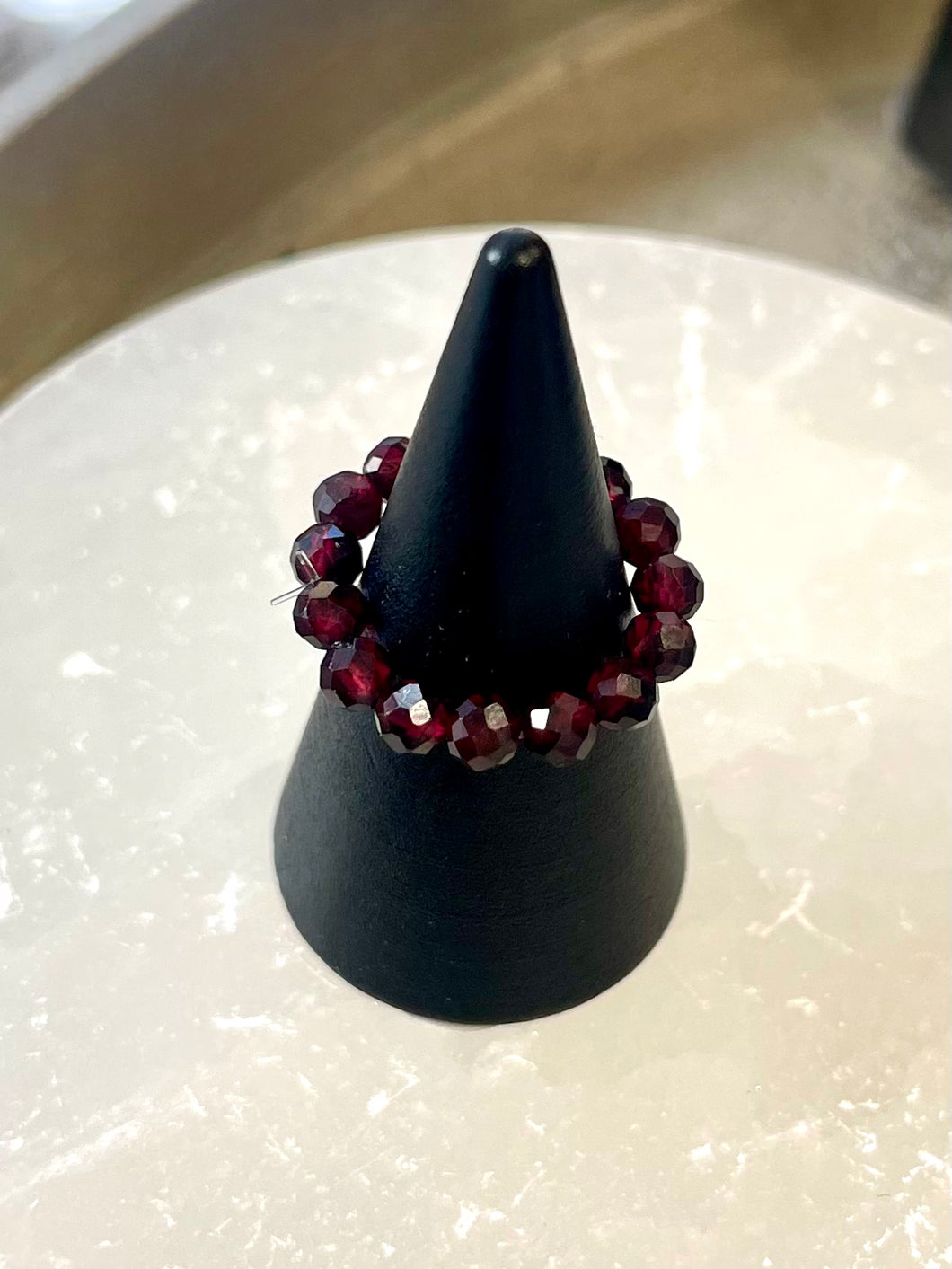 Garnet Elasticated Beaded Crystal Ring - January Birthstone