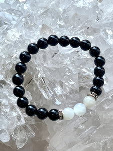 Black Agate & Moonstone Crystal Stone Beaded Diamante Bracelet