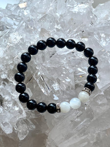 Black Agate & Moonstone Crystal Stone Beaded Diamante Bracelet