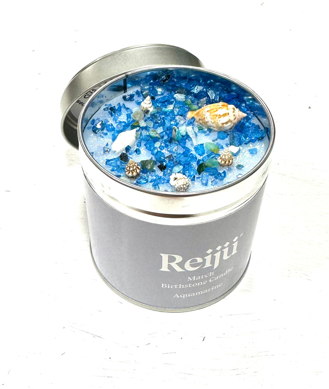 March Birthstone Aquamarine Crystal Topped Blue Luxury Candle Fragranced with Patchouli, Ginger, Clove & Seaweed