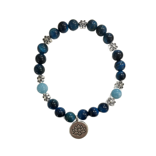 Blue Tigers Eye & Aquamarine Crystal Beaded Bracelet with Lotus Flower Charm