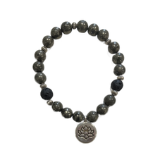 Load image into Gallery viewer, Pyrite &amp; Lava Bead Crystal Beaded Bracelet with Lotus Flower Charm