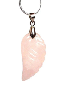 New! Rose Quartz Carved Crystal Angel Wing & 18" Silver Chain |Reiju