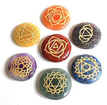 Load image into Gallery viewer, Set of Seven Chakra Healing Crystal Palm Stones, Hand Engraved With Sanskrit Chakra Symbols - Krystal Gifts UK