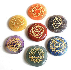 Set of Seven Chakra Healing Crystal Palm Stones, Hand Engraved With Sanskrit Chakra Symbols - Krystal Gifts UK