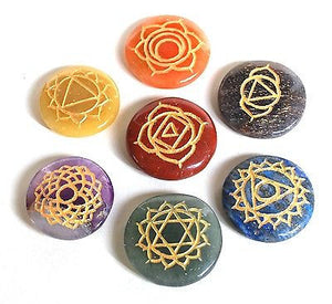 Set of Seven Chakra Healing Crystal Palm Stones, Hand Engraved With Sanskrit Chakra Symbols - Krystal Gifts UK