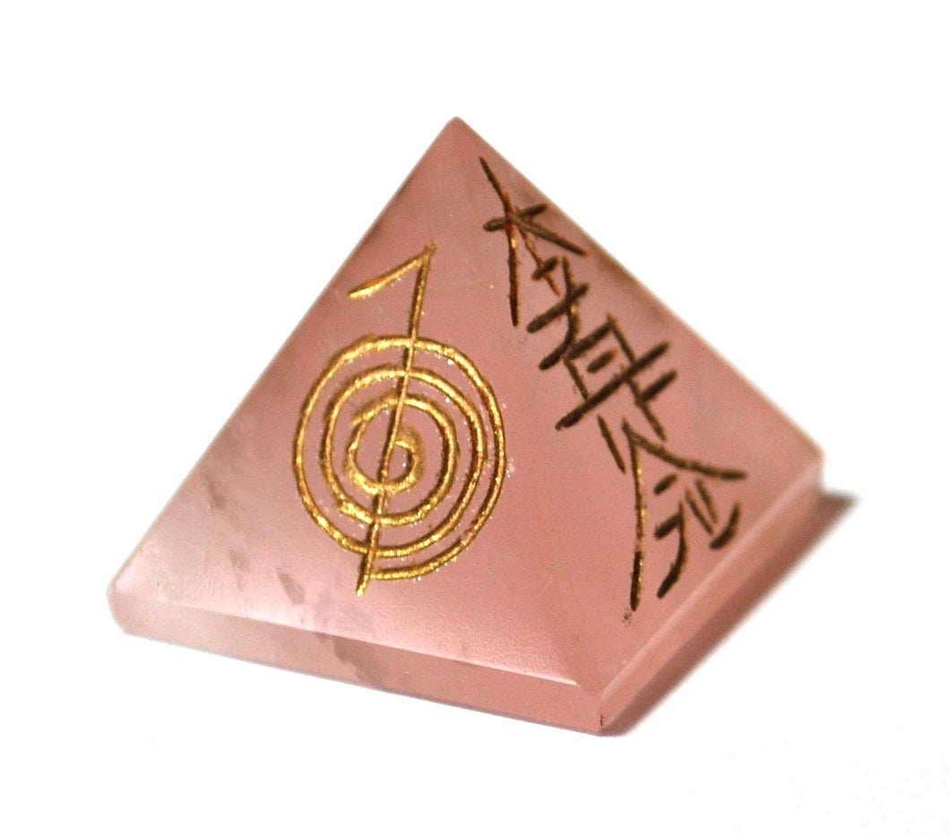 Rose Quartz Crystal Pyramid Engraved With Reiki Symbols - Krystal Gifts UK