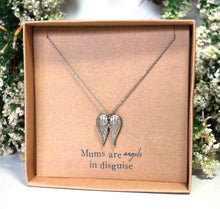 Load image into Gallery viewer, &#39;Mums Are Angels In Disguise&#39; Silver (Nickle Free) Angel Wings Pendant Inc 18&quot; Necklace, Mothers Day Gift