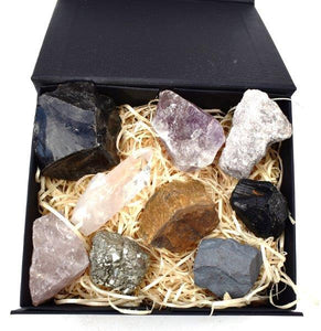 Large Natural Raw Crystal Chunk Quartz, Obsidian,Tigers Eye Hematite etc In Luxury Reiju Gift Set Box