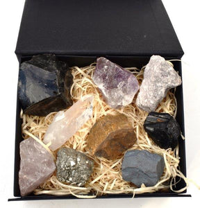 Large Natural Raw Crystal Chunk Quartz, Obsidian,Tigers Eye Hematite etc In Luxury Reiju Gift Set Box