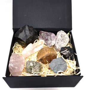 Large Natural Raw Crystal Chunk Quartz, Obsidian,Tigers Eye Hematite etc In Luxury Reiju Gift Set Box