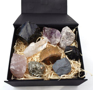 Large Natural Raw Crystal Chunk Quartz, Obsidian,Tigers Eye Hematite etc In Luxury Reiju Gift Set Box
