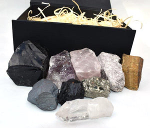 Large Natural Raw Crystal Chunk Quartz, Obsidian,Tigers Eye Hematite etc In Luxury Reiju Gift Set Box