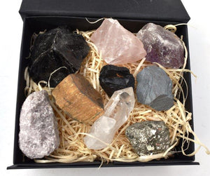 Large Natural Raw Crystal Chunk Quartz, Obsidian,Tigers Eye Hematite etc In Luxury Reiju Gift Set Box