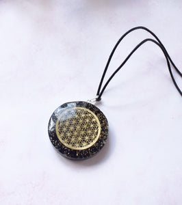 Black Tourmaline Crystal Stone Chips Orgone Flower Of Life Pendant Inc Black Cord |Reiju