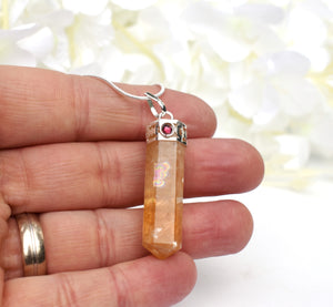 Citrine With Garnet Stone Crystal Pendant Necklace Inc Silver Plated Snake Chain