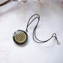 Load image into Gallery viewer, Black Tourmaline Crystal Stone Chips Orgone Flower Of Life Pendant Inc Black Cord |Reiju
