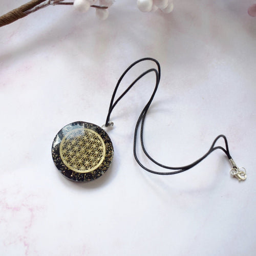 Black Tourmaline Crystal Stone Chips Orgone Flower Of Life Pendant Inc Black Cord |Reiju