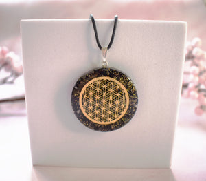 Black Tourmaline Crystal Stone Chips Orgone Flower Of Life Pendant Inc Black Cord |Reiju