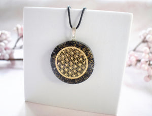 Black Tourmaline Crystal Stone Chips Orgone Flower Of Life Pendant Inc Black Cord |Reiju