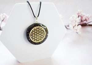 Black Tourmaline Crystal Stone Chips Orgone Flower Of Life Pendant Inc Black Cord |Reiju
