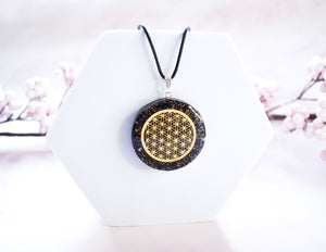 Black Tourmaline Crystal Stone Chips Orgone Flower Of Life Pendant Inc Black Cord |Reiju