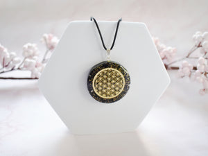 Black Tourmaline Crystal Stone Chips Orgone Flower Of Life Pendant Inc Black Cord |Reiju
