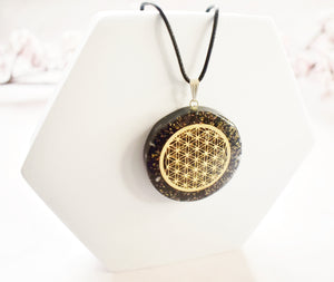 Black Tourmaline Crystal Stone Chips Orgone Flower Of Life Pendant Inc Black Cord |Reiju