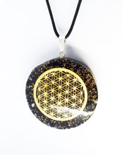 Load image into Gallery viewer, Black Tourmaline Crystal Stone Chips Orgone Flower Of Life Pendant Inc Black Cord |Reiju