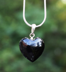 Black Tourmaline Crystal Stone 925 Sterling Silver Heart Pendant Necklace