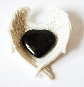 Black Obsidian Crystal Stone Heart & Angel Wings Dish Gift Wrapped - Krystal Gifts UK