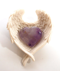 Reiki Amethyst Crystal Stone Heart In Stunning Detail Angel Wings Dish Gift Wrapped - Krystal Gifts UK