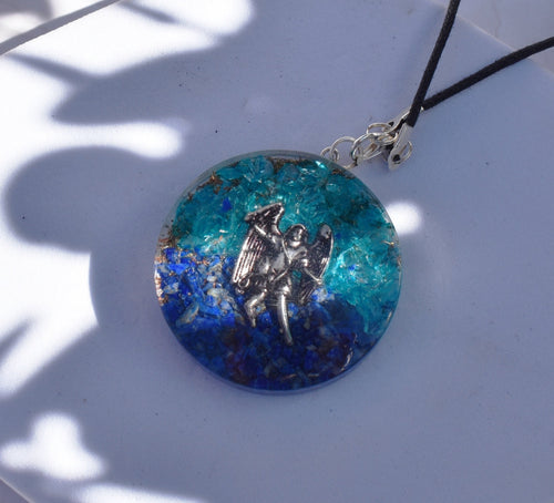 Archangel Michael Orgone Pendant Natural Lapis Lazuli Topaz Inc Silver Chain, Blue Coloured |Reiju