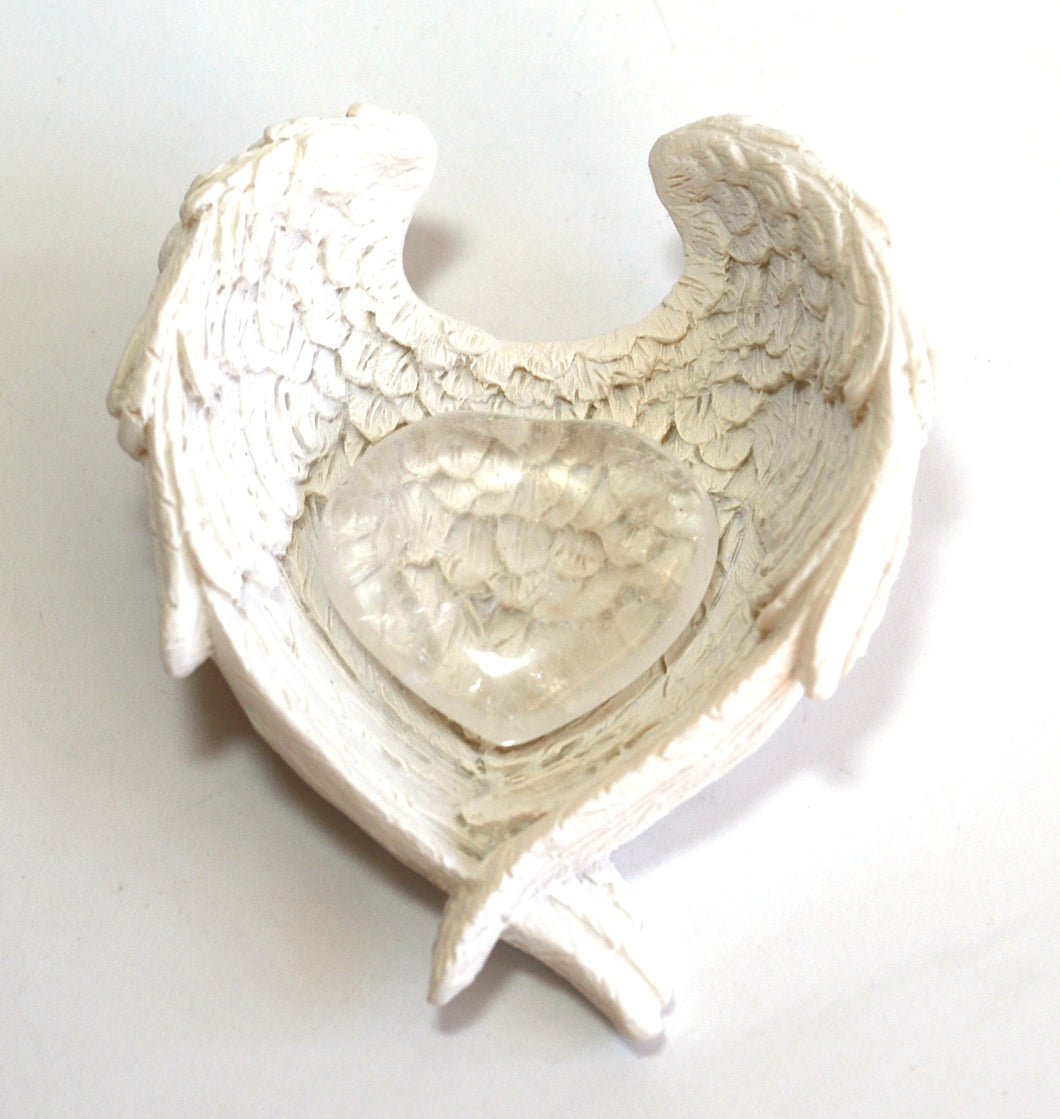 Clear Quartz Natural Crystal Heart Stone In Angel Wings Dish Gift Wrapped