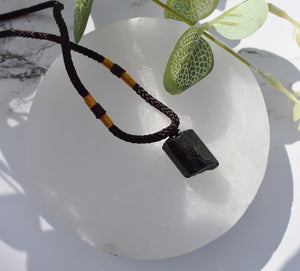 Raw Black Tourmaline Crystal Pendant & Extendable Cord Necklace