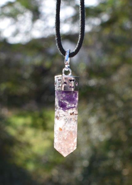 Amethyst, Clear Quartz & Rose Quartz Crystals Orgone Orgonite Pendant Necklace |Reiju