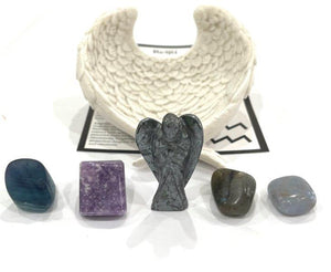 AQUARIUS Zodiac Star Sign Gift Box, Protection Stone, Angel Wing Dish, January February Birthday