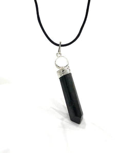 Black Tourmaline Pendant with Clear Quartz Sphere & Cord Necklace