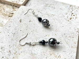 Hematite & Black Tourmaline Crystal Beaded Earrings