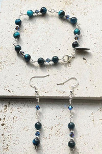 Blue Tigers Eye Polished Natural Beads With Swarovski Crystals Handmade Nickle Free Bracelet & Earring Set In Gift Box