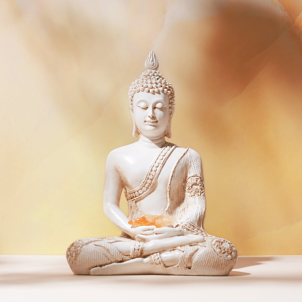 Large Shabby Chic Meditation White Buddha & Natural Citrine Crystal Raw Piece